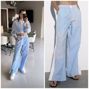 Zara Light Blue Striped Wide Leg Pants Sz Large